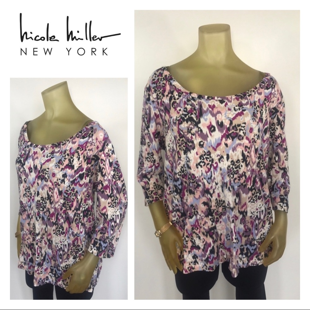 NICOLE MILLER Purple Black Animal Print Top 2X